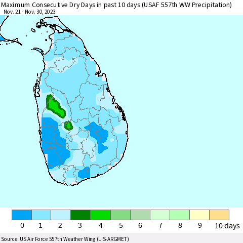 Sri Lanka Number of Dry Days in past 10 days (USAF 557th WW) Thematic Map For 11/26/2023 - 11/30/2023