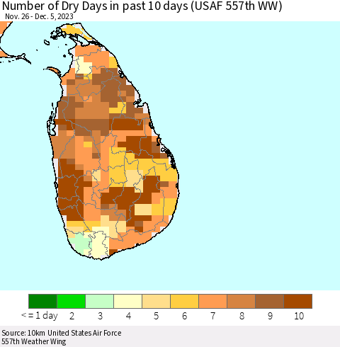 Sri Lanka Number of Dry Days in past 10 days (USAF 557th WW) Thematic Map For 12/1/2023 - 12/5/2023