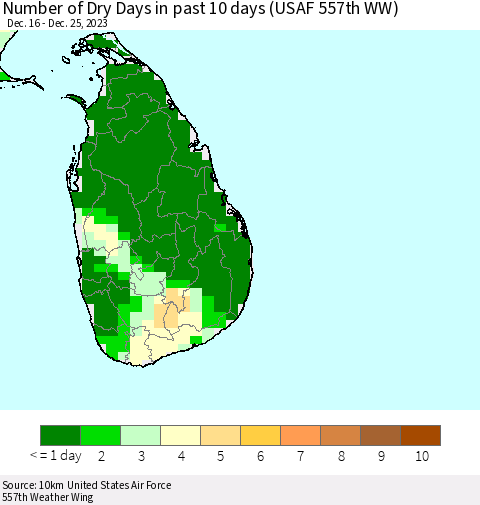 Sri Lanka Number of Dry Days in past 10 days (USAF 557th WW) Thematic Map For 12/21/2023 - 12/25/2023