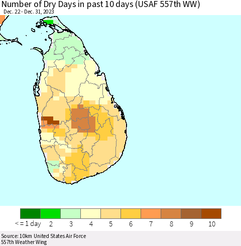 Sri Lanka Number of Dry Days in past 10 days (USAF 557th WW) Thematic Map For 12/26/2023 - 12/31/2023