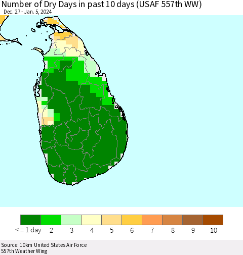 Sri Lanka Number of Dry Days in past 10 days (USAF 557th WW) Thematic Map For 1/1/2024 - 1/5/2024