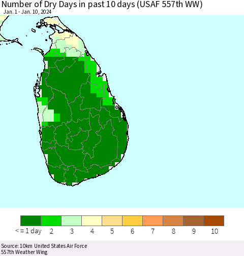 Sri Lanka Number of Dry Days in past 10 days (USAF 557th WW) Thematic Map For 1/6/2024 - 1/10/2024