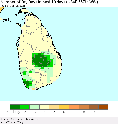 Sri Lanka Number of Dry Days in past 10 days (USAF 557th WW) Thematic Map For 1/11/2024 - 1/15/2024