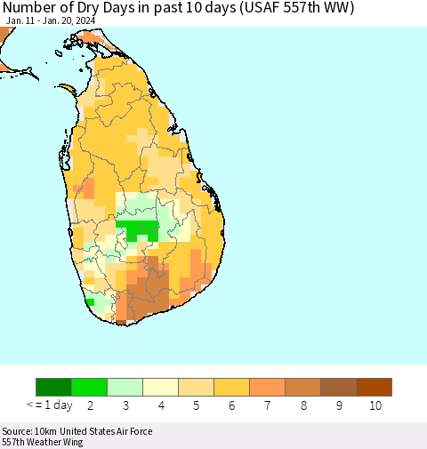 Sri Lanka Number of Dry Days in past 10 days (USAF 557th WW) Thematic Map For 1/16/2024 - 1/20/2024