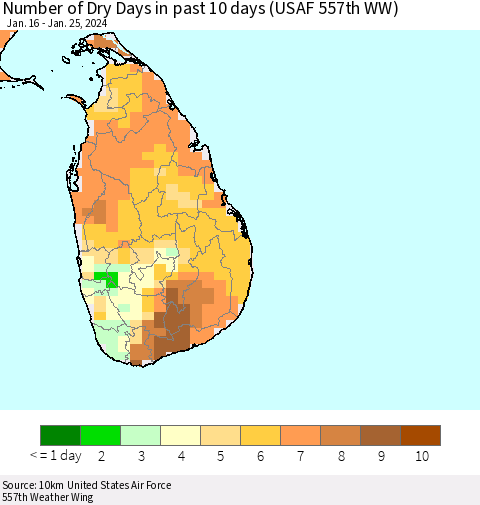 Sri Lanka Number of Dry Days in past 10 days (USAF 557th WW) Thematic Map For 1/21/2024 - 1/25/2024