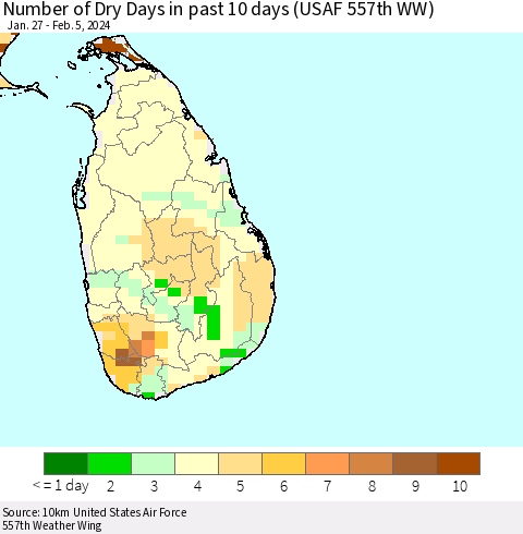 Sri Lanka Number of Dry Days in past 10 days (USAF 557th WW) Thematic Map For 2/1/2024 - 2/5/2024