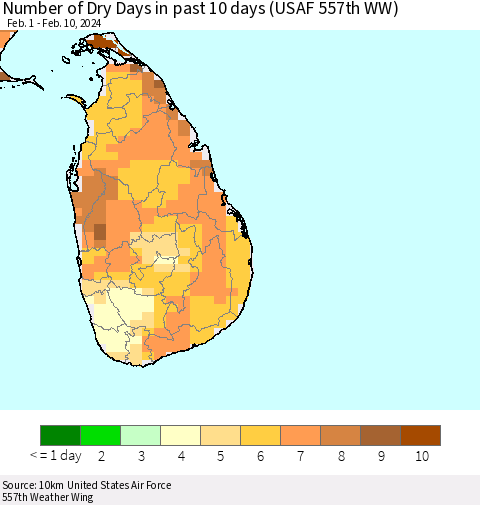 Sri Lanka Number of Dry Days in past 10 days (USAF 557th WW) Thematic Map For 2/6/2024 - 2/10/2024