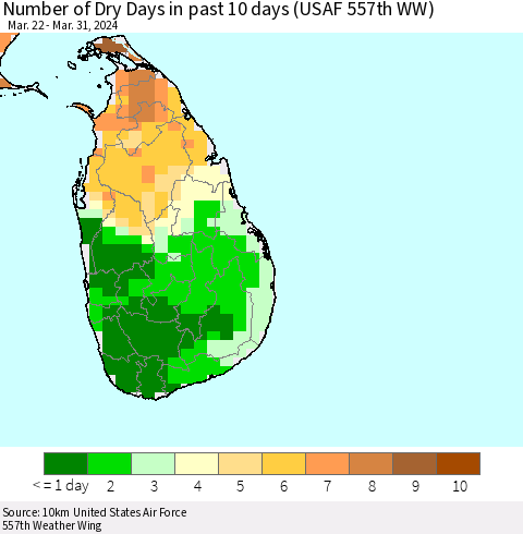 Sri Lanka Number of Dry Days in past 10 days (USAF 557th WW) Thematic Map For 3/26/2024 - 3/31/2024