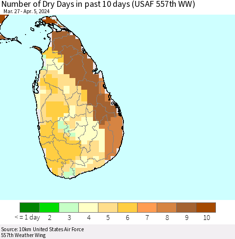 Sri Lanka Number of Dry Days in past 10 days (USAF 557th WW) Thematic Map For 4/1/2024 - 4/5/2024