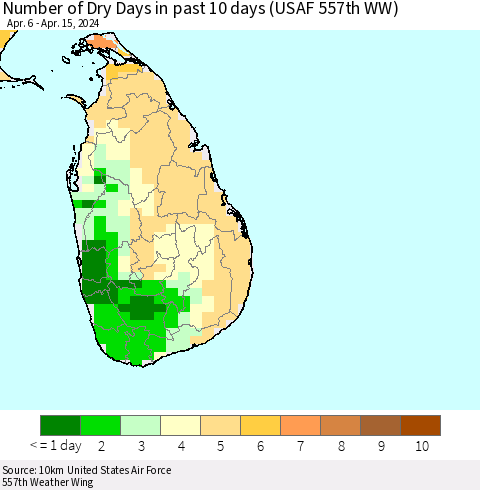 Sri Lanka Number of Dry Days in past 10 days (USAF 557th WW) Thematic Map For 4/11/2024 - 4/15/2024