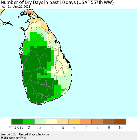 Sri Lanka Number of Dry Days in past 10 days (USAF 557th WW) Thematic Map For 4/16/2024 - 4/20/2024