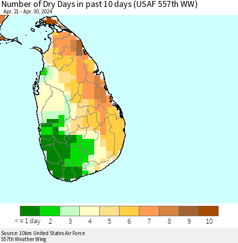 Sri Lanka Number of Dry Days in past 10 days (USAF 557th WW) Thematic Map For 4/26/2024 - 4/30/2024