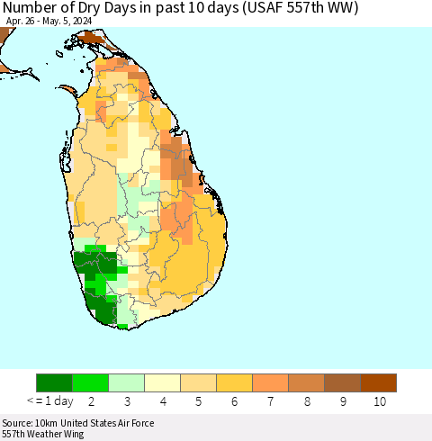 Sri Lanka Number of Dry Days in past 10 days (USAF 557th WW) Thematic Map For 5/1/2024 - 5/5/2024