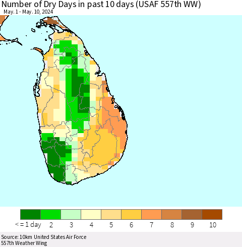 Sri Lanka Number of Dry Days in past 10 days (USAF 557th WW) Thematic Map For 5/6/2024 - 5/10/2024