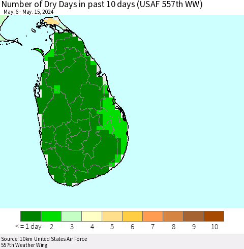 Sri Lanka Number of Dry Days in past 10 days (USAF 557th WW) Thematic Map For 5/11/2024 - 5/15/2024
