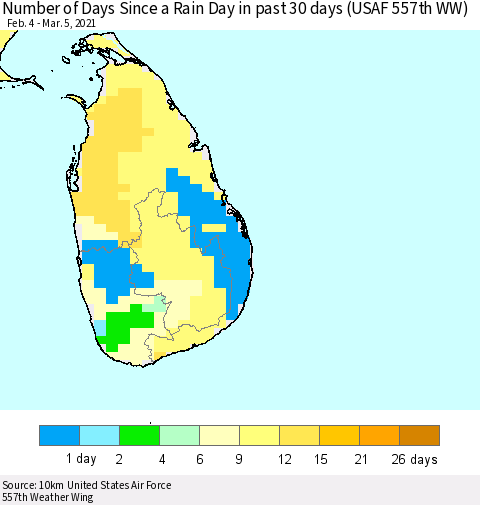 Sri Lanka Number of Days Since a Rain Day in past 30 days (USAF 557th WW) Thematic Map For 3/1/2021 - 3/5/2021