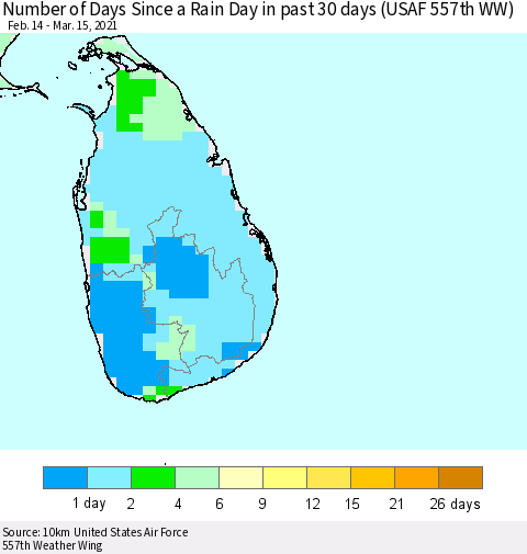 Sri Lanka Number of Days Since a Rain Day in past 30 days (USAF 557th WW) Thematic Map For 3/11/2021 - 3/15/2021