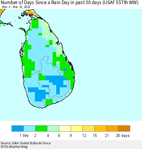 Sri Lanka Number of Days Since a Rain Day in past 30 days (USAF 557th WW) Thematic Map For 3/26/2021 - 3/31/2021