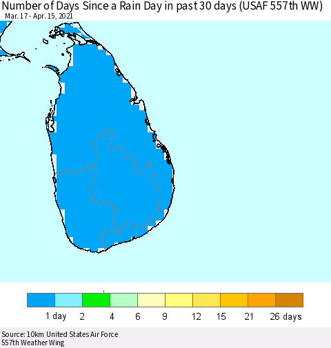 Sri Lanka Number of Days Since a Rain Day in past 30 days (USAF 557th WW) Thematic Map For 4/11/2021 - 4/15/2021