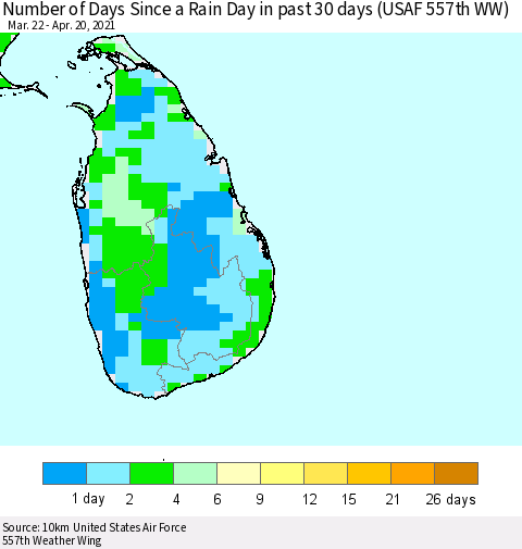 Sri Lanka Number of Days Since a Rain Day in past 30 days (USAF 557th WW) Thematic Map For 4/16/2021 - 4/20/2021