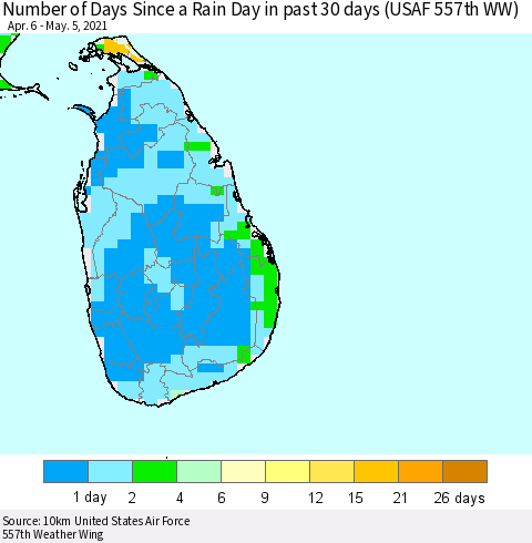 Sri Lanka Number of Days Since a Rain Day in past 30 days (USAF 557th WW) Thematic Map For 5/1/2021 - 5/5/2021