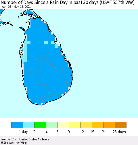 Sri Lanka Number of Days Since a Rain Day in past 30 days (USAF 557th WW) Thematic Map For 5/11/2021 - 5/15/2021