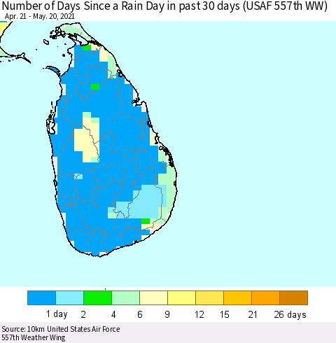 Sri Lanka Number of Days Since a Rain Day in past 30 days (USAF 557th WW) Thematic Map For 5/16/2021 - 5/20/2021