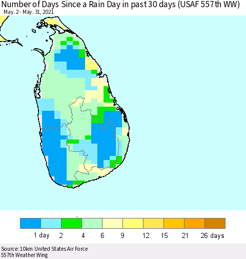 Sri Lanka Number of Days Since a Rain Day in past 30 days (USAF 557th WW) Thematic Map For 5/26/2021 - 5/31/2021