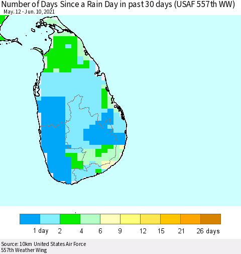 Sri Lanka Number of Days Since a Rain Day in past 30 days (USAF 557th WW) Thematic Map For 6/6/2021 - 6/10/2021