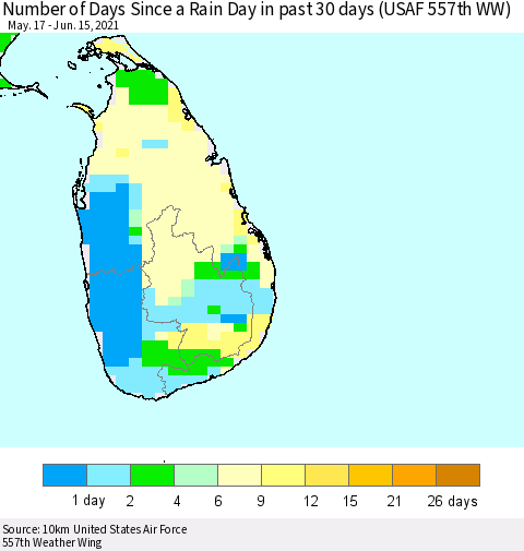 Sri Lanka Number of Days Since a Rain Day in past 30 days (USAF 557th WW) Thematic Map For 6/11/2021 - 6/15/2021