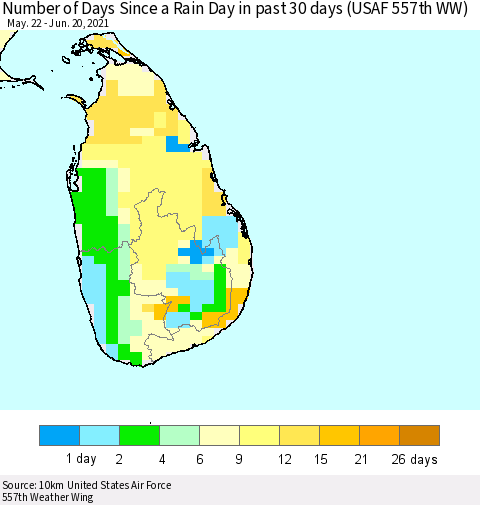 Sri Lanka Number of Days Since a Rain Day in past 30 days (USAF 557th WW) Thematic Map For 6/16/2021 - 6/20/2021