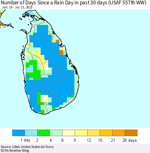 Sri Lanka Number of Days Since a Rain Day in past 30 days (USAF 557th WW) Thematic Map For 7/11/2021 - 7/15/2021