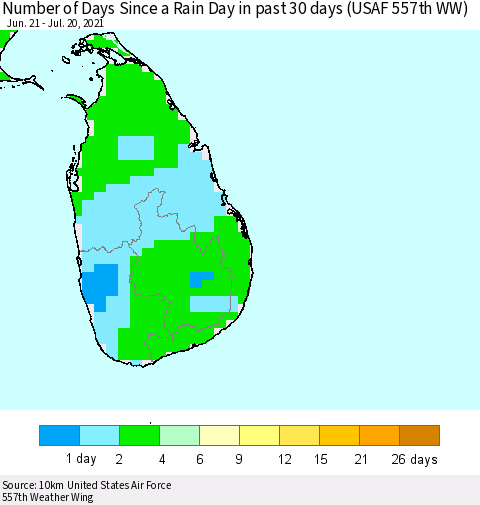Sri Lanka Number of Days Since a Rain Day in past 30 days (USAF 557th WW) Thematic Map For 7/16/2021 - 7/20/2021