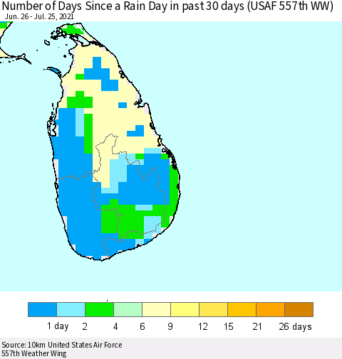 Sri Lanka Number of Days Since a Rain Day in past 30 days (USAF 557th WW) Thematic Map For 7/21/2021 - 7/25/2021