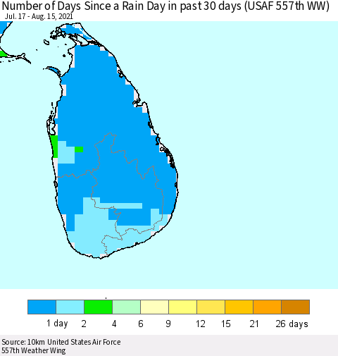 Sri Lanka Number of Days Since a Rain Day in past 30 days (USAF 557th WW) Thematic Map For 8/11/2021 - 8/15/2021