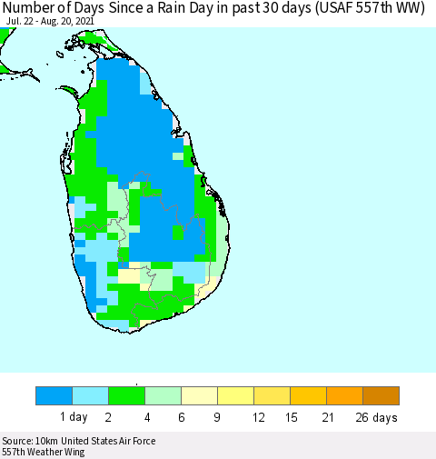 Sri Lanka Number of Days Since a Rain Day in past 30 days (USAF 557th WW) Thematic Map For 8/16/2021 - 8/20/2021
