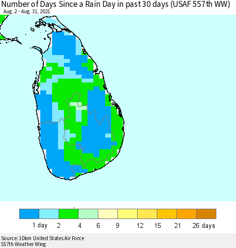 Sri Lanka Number of Days Since a Rain Day in past 30 days (USAF 557th WW) Thematic Map For 8/26/2021 - 8/31/2021