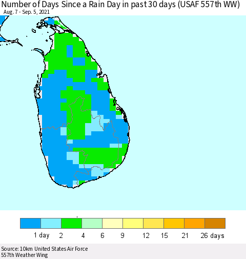 Sri Lanka Number of Days Since a Rain Day in past 30 days (USAF 557th WW) Thematic Map For 9/1/2021 - 9/5/2021