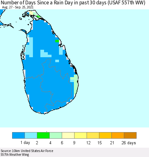 Sri Lanka Number of Days Since a Rain Day in past 30 days (USAF 557th WW) Thematic Map For 9/21/2021 - 9/25/2021