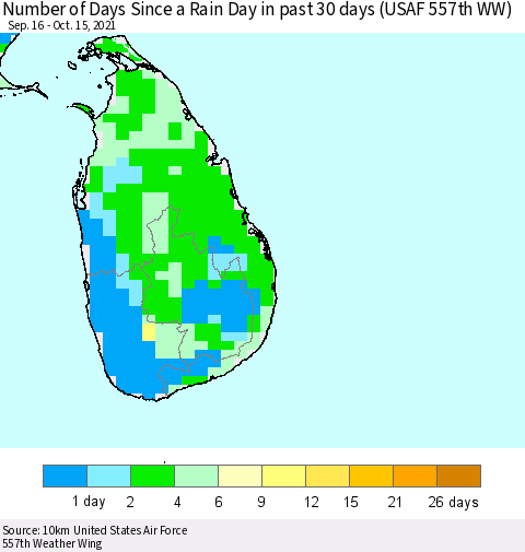 Sri Lanka Number of Days Since a Rain Day in past 30 days (USAF 557th WW) Thematic Map For 10/11/2021 - 10/15/2021