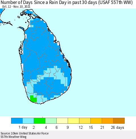 Sri Lanka Number of Days Since a Rain Day in past 30 days (USAF 557th WW) Thematic Map For 11/6/2021 - 11/10/2021