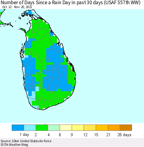 Sri Lanka Number of Days Since a Rain Day in past 30 days (USAF 557th WW) Thematic Map For 11/16/2021 - 11/20/2021