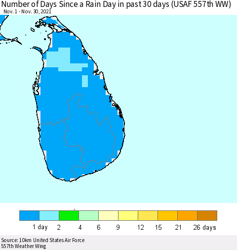 Sri Lanka Number of Days Since a Rain Day in past 30 days (USAF 557th WW) Thematic Map For 11/26/2021 - 11/30/2021