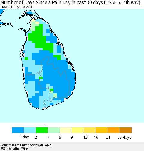 Sri Lanka Number of Days Since a Rain Day in past 30 days (USAF 557th WW) Thematic Map For 12/6/2021 - 12/10/2021