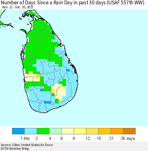 Sri Lanka Number of Days Since a Rain Day in past 30 days (USAF 557th WW) Thematic Map For 12/16/2021 - 12/20/2021