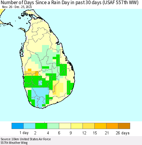 Sri Lanka Number of Days Since a Rain Day in past 30 days (USAF 557th WW) Thematic Map For 12/21/2021 - 12/25/2021