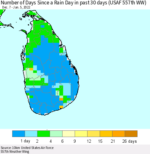 Sri Lanka Number of Days Since a Rain Day in past 30 days (USAF 557th WW) Thematic Map For 1/1/2022 - 1/5/2022