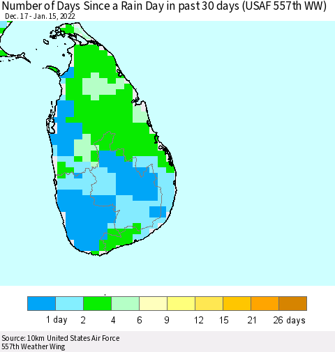 Sri Lanka Number of Days Since a Rain Day in past 30 days (USAF 557th WW) Thematic Map For 1/11/2022 - 1/15/2022