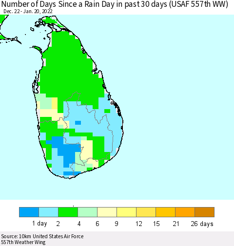 Sri Lanka Number of Days Since a Rain Day in past 30 days (USAF 557th WW) Thematic Map For 1/16/2022 - 1/20/2022