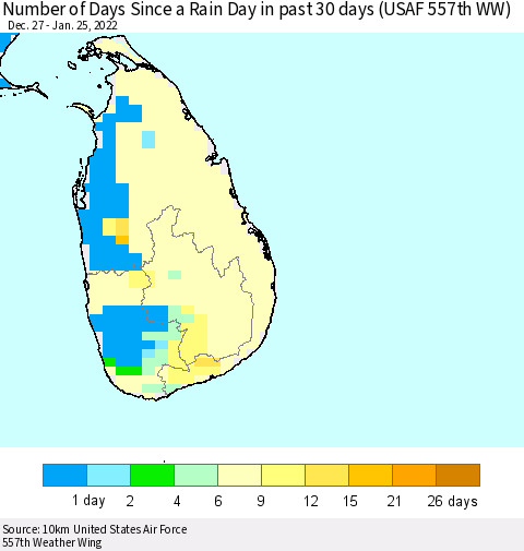 Sri Lanka Number of Days Since a Rain Day in past 30 days (USAF 557th WW) Thematic Map For 1/21/2022 - 1/25/2022